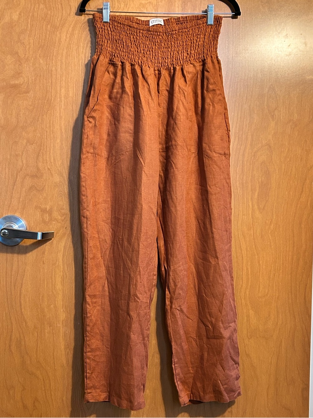 Emme Smocked Stretch Waist Linen Pants Brown - Size L/XL